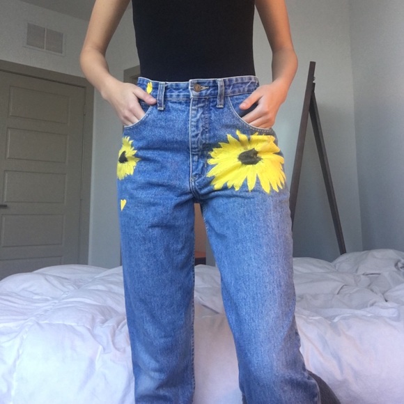 Thrifted Hand Painted Sunflower Jeans 